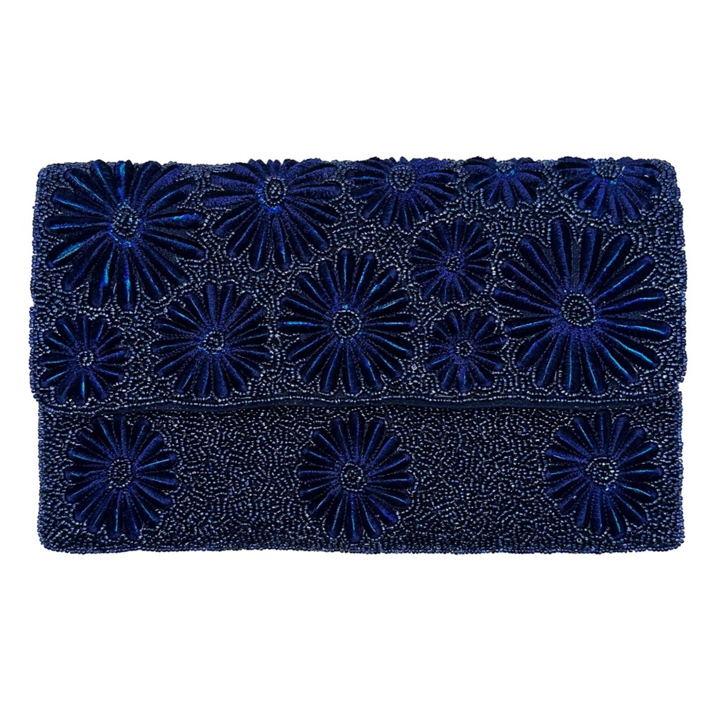 Elegant Beaded Navy Blue Velvet Floral Clutch